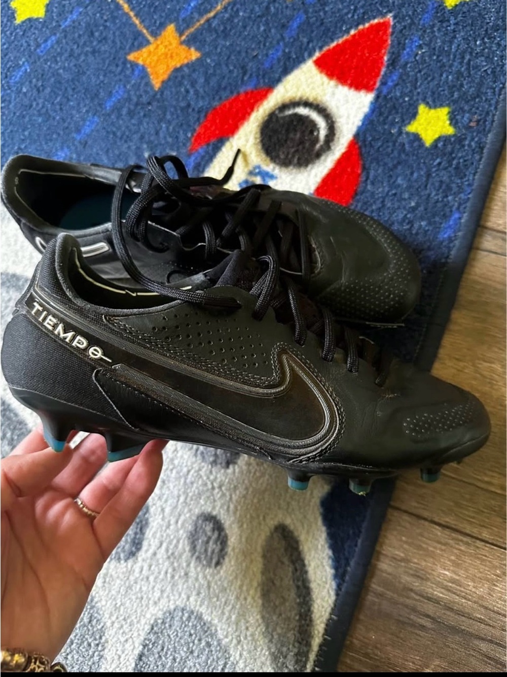 Nike Black Men’s Tiempo Soccer Cleats with Blue Stud Tips